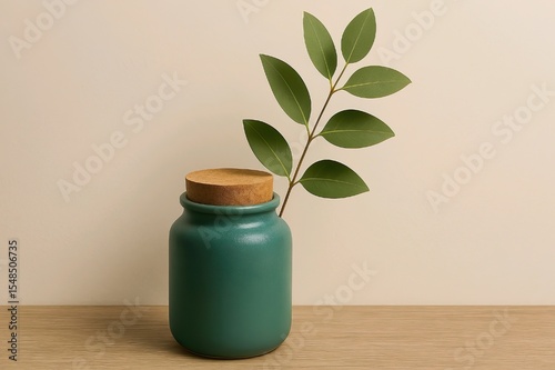 Teal Ceramic Jar with Cork Lid and Green Branch Minimalist Home Decor
