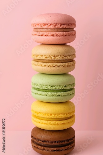 Delicious Stack of Colorful Macarons on Pink Background