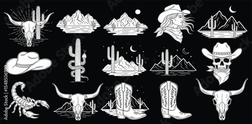 Set of vector western-inspired vector line art illustrations.