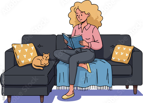 Woman reading book on sofa with cat resting beside cozy cushions vector illustration
