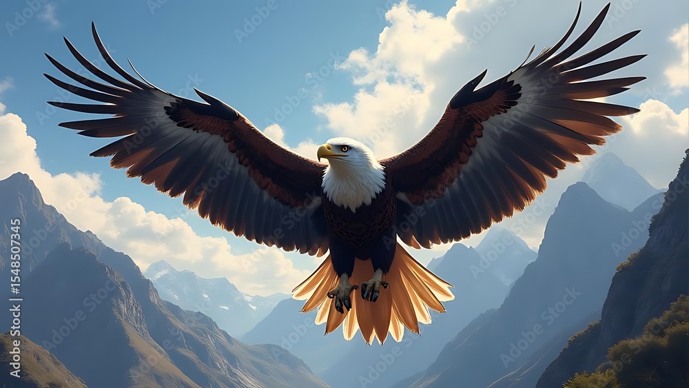 Obraz premium Majestic Bald Eagle Soaring Above the Mountain Peaks