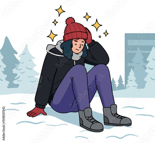 Woman sitting on snow wearing red hat black jacket purple pants winter outdoor scene vector illustration