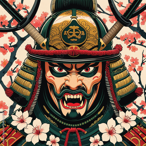 Japanese Samurai Head with Pink Sakura Blossoms