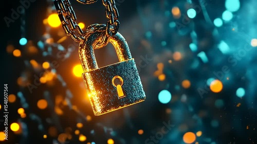 Glimmering padlock secured by chains, illuminated by vibrant bokeh lights in a dark background