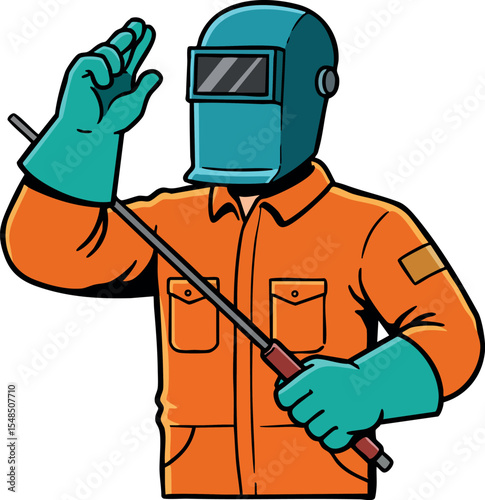 Welder Wearing Protective Helmet and Gloves Holding Welding Rod Vector Illustration