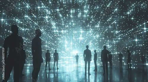 Silhouettes in digital futuristic space