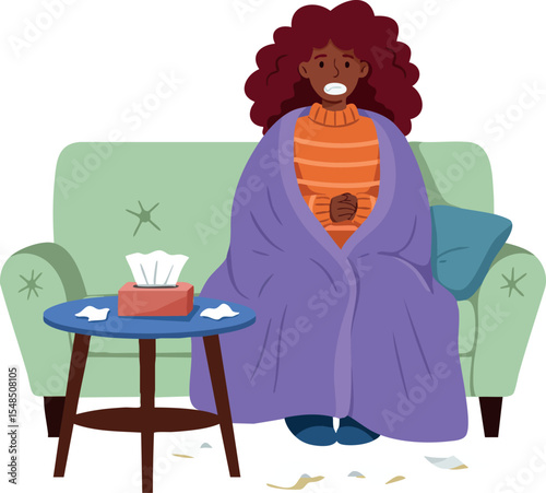 Woman wrapped in purple blanket sitting on green sofa feeling sick with tissues vector illustration