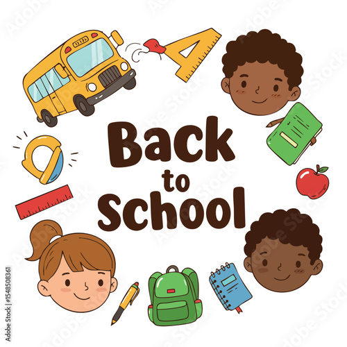 Back to School Children with School Bus Backpack and Learning Supplies Vector Illustration