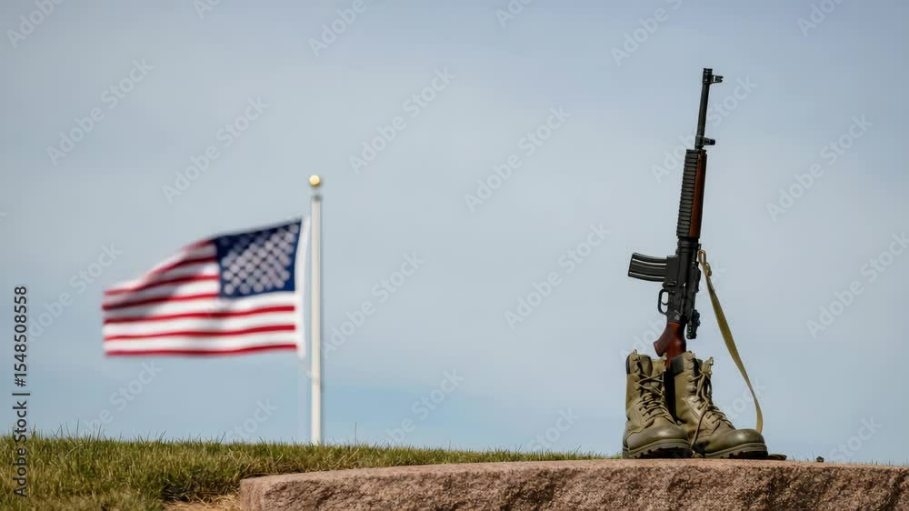Rifle and boots memorial with American flag in background