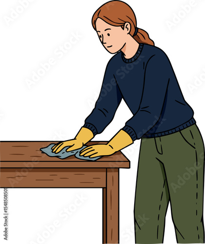 Woman cleaning wooden table with yellow gloves in casual blue sweater and green pants vector illustration