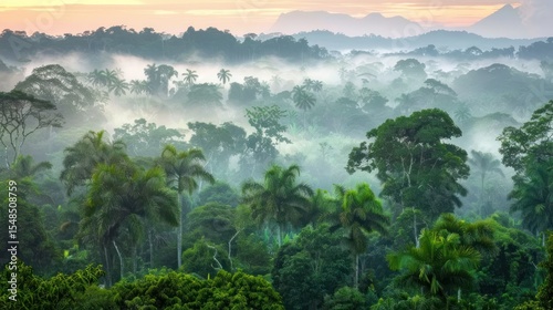 Misty rainforest sunrise landscape