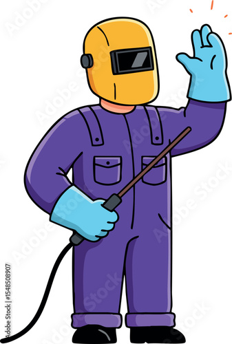 Welder in protective gear holding welding torch with yellow helmet and blue gloves vector illustration