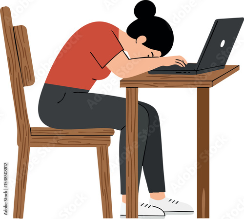 Woman leaning head on laptop desk tired and stressed vector illustration
