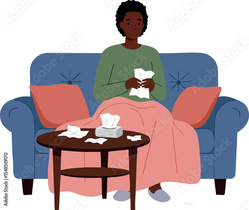Person sitting on blue sofa with tissues and blanket feeling unwell vector illustration