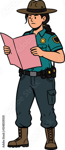 Female park ranger reading map in uniform holding pink map vector illustration