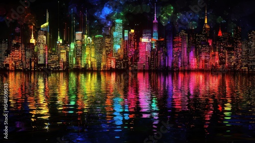 Colorful city skyline reflection