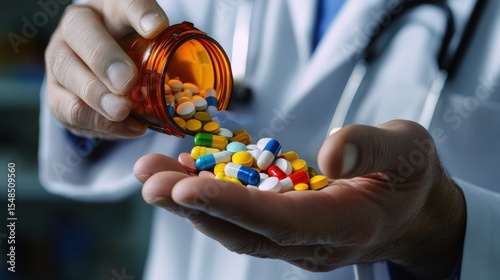 Doctor pouring multicolored pills into an open human hand