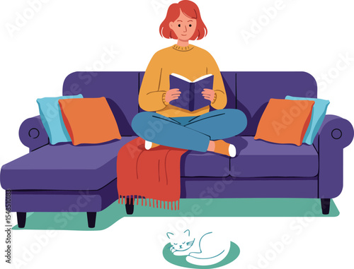 Woman Reading Book on Purple Couch with Cat Sleeping Nearby Relaxing Home Scene