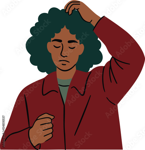 Young woman with afro hairstyle wearing red jacket thinking and feeling stressed vector illustration