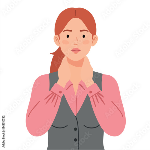 Young woman with red hair holding neck in discomfort illustration vector art