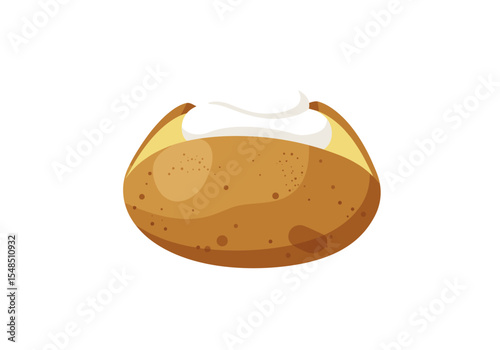 A baked potato with a dollop of white topping possibly sour cream on a white background
