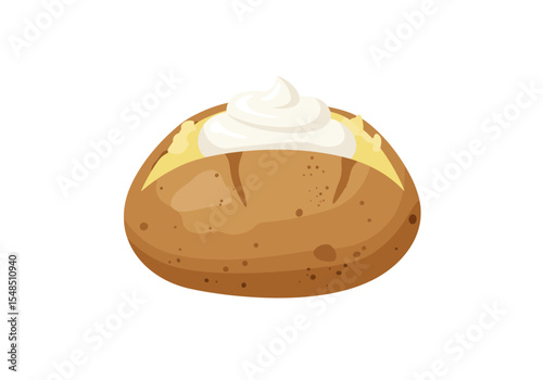A baked potato is topped with a dollop of sour cream