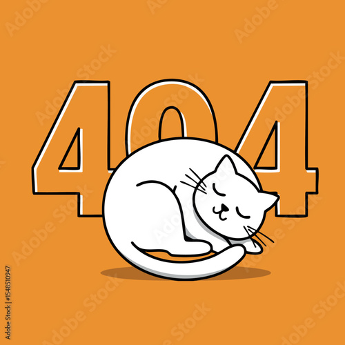 Sleeping white cat curled in front of orange 404 error code illustration vector design