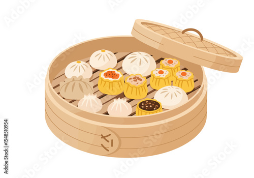 A bamboo steamer holds assorted dumplings with its lid open to the side