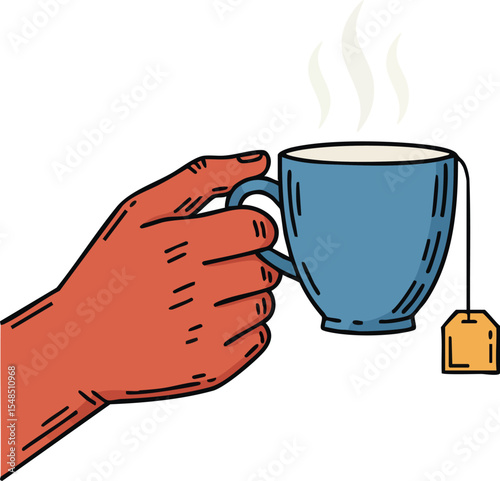 Hand holding blue tea cup with tea bag steam rising illustration vector graphic