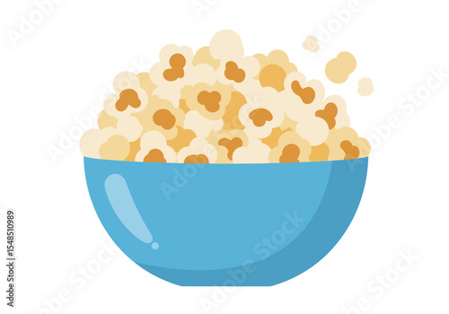A bowl filled with popcorn light yellow with darker yellow accents on a white background