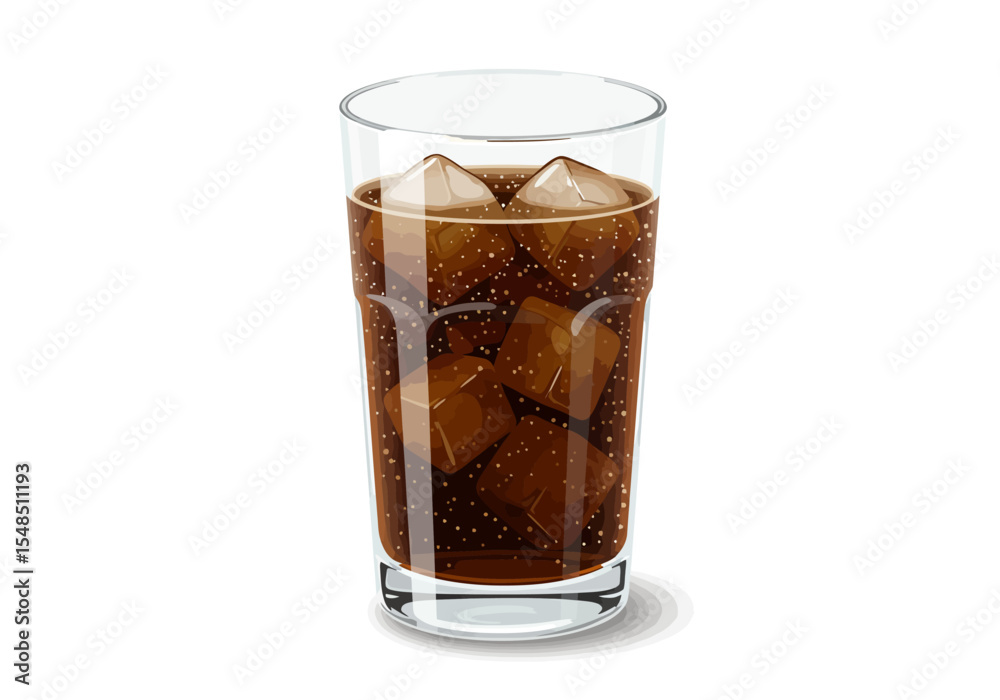 A clear glass filled with a dark beverage and several ice cubes sitting on a white surface A clear glass filled with a dark beverage and several ice cubes sitting on a white surface
