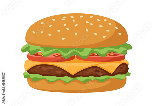 A cartoon burger with lettuce tomatoes cheese patty and a sesame seed bun