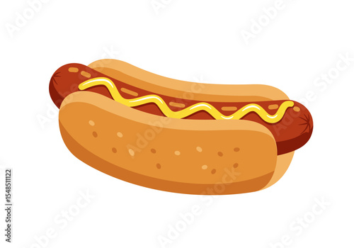 A cartoon hotdog sits in a bun drizzled with yellow mustard on a white background