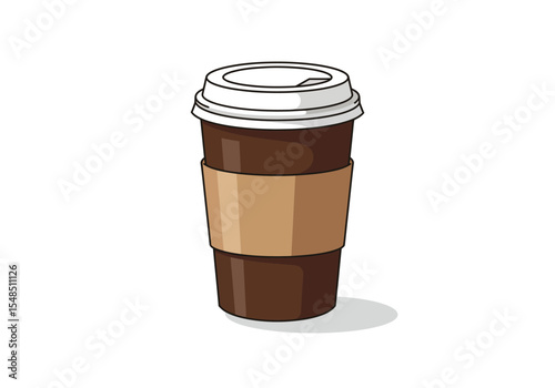 A cartoon coffee cup with lid and sleeve casting a shadow on a white surface