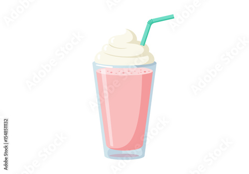 A cartoon milkshake in a glass with whipped cream and a green straw