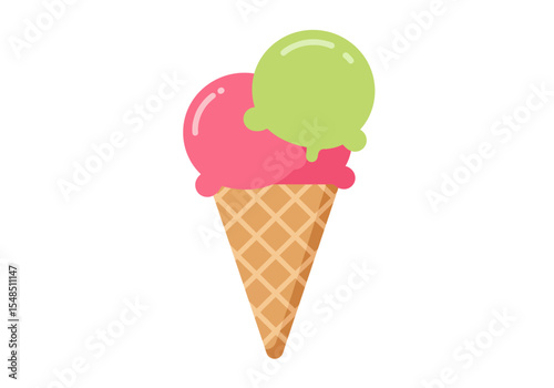 A cartoon ice cream cone with a pink scoop and a green scoop on top with a waffle cone