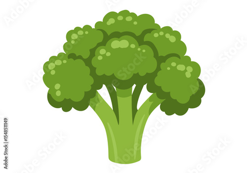 A cartoonstyle broccoli with a green head and stalk on a white background