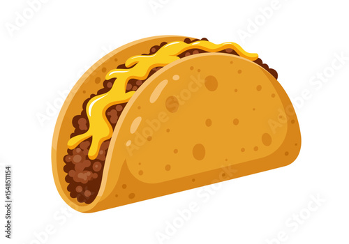 A cartoonstyle taco filled with ground beef and a yellow sauce in a hard shell