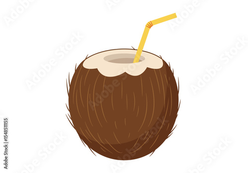 A cartoonstyle coconut with a yellow straw inserted into its open top