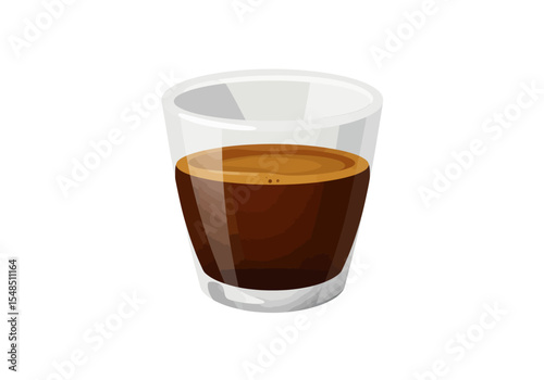 A clear glass filled halfway with dark brown liquid and a foamy head