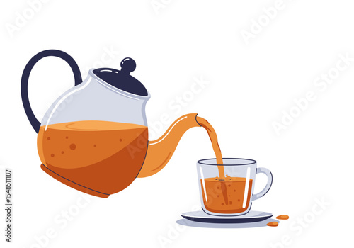 A clear teapot pours amber liquid into a glass cup on a saucer with spills