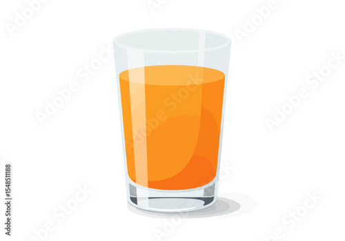A clear glass holds orange juice casting a faint shadow on a white background