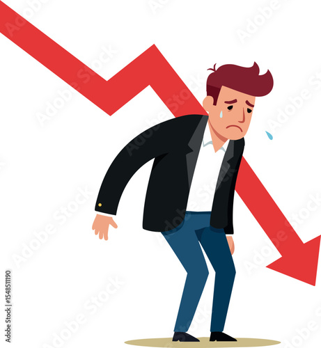 Businessman with declining red arrow graph showing financial loss or economic downturn vector illustration