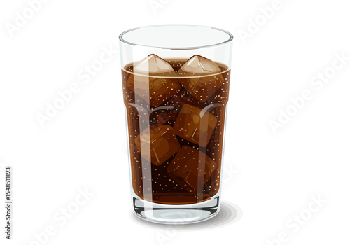 A clear glass filled with a dark beverage and several ice cubes sitting on a white surface