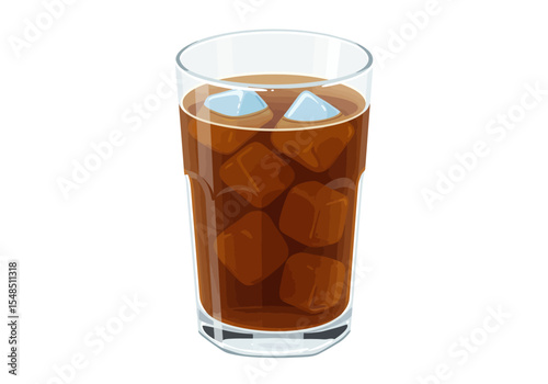 A glass of brown liquid with ice cubes some floating at the top