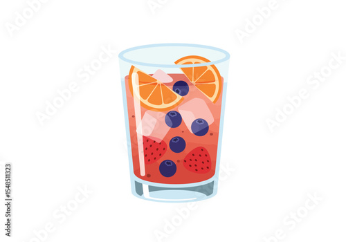 A glass of fruitinfused drink with oranges strawberries blueberries and ice cubes