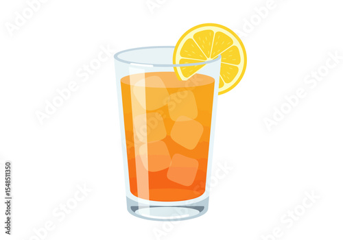A glass of orange liquid with ice cubes and a lemon slice on the rim is shown