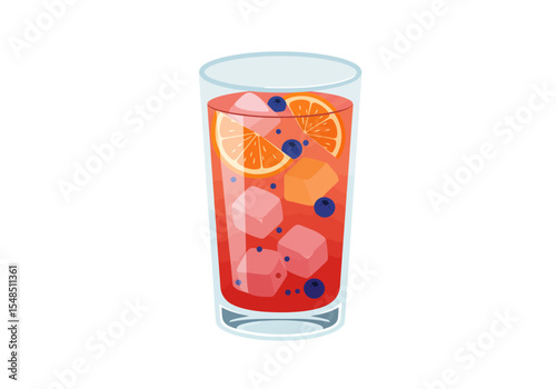 A glass of red drink with ice cubes orange slices and blueberries