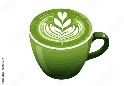 A green cup with white latte art of a tulip filled with green matcha latte