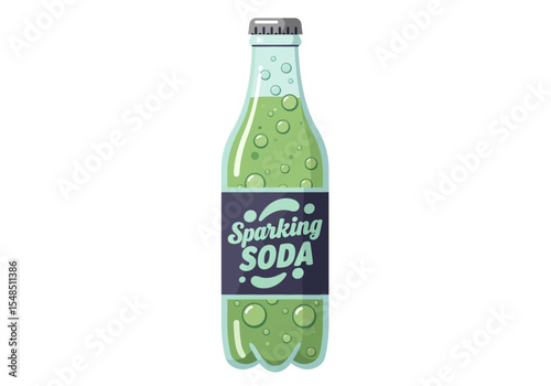 A green sparkling soda bottle with bubbles and a dark label